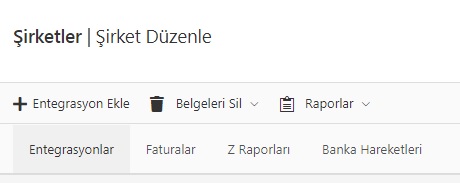 Şirket düzenleme ekranındaki Entegrasyon Ekle menüsü